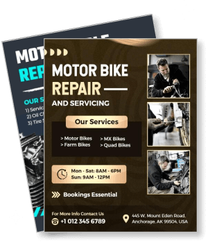 motorbike repair services featuring mechanics working garage template