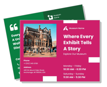 museum exhibit promo flyer design with opening hours and contact info template