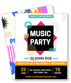 music party template with dj event time and location details