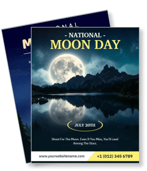 national moon day with moonlit mountain reflection and date template