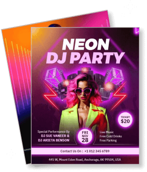 neon dj party flyer with dj sue vaneer arieta benson special performance template