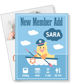 new baby announcement card with yellow duck character in blue background template
