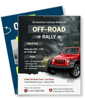 off road rally event with red jeep and details template
