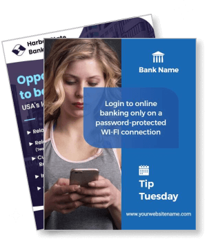 online banking safety tip poster with woman using smartphone password protected wifi template