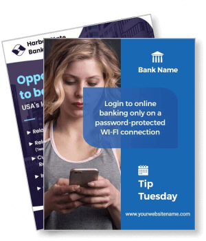 online banking safety tip with woman using smartphone password protected wifi template