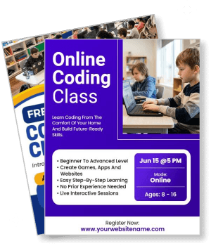 online coding class poster for kids with laptop and registration info template