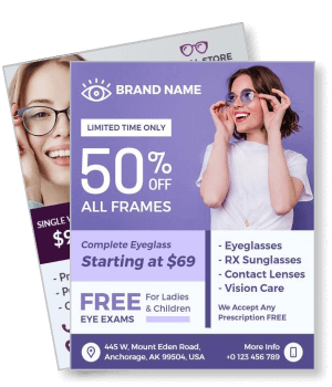 optical store sale poster 50 percent off frames free eye exams template