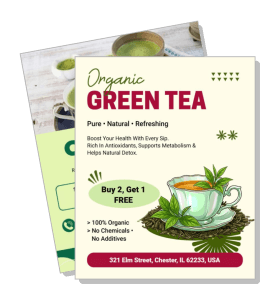 organic green tea promotional flyer with buy two get one offer and health benefits highlight template