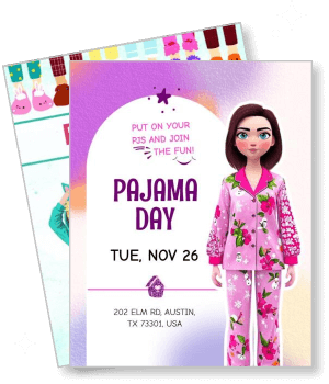 pajama day invitation illustrated character wearing pink pajamas template