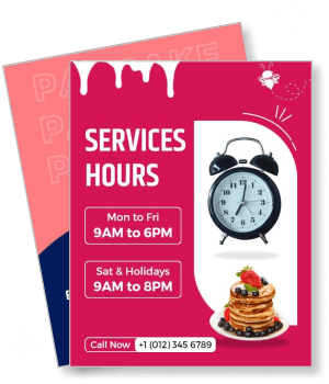 pancake services hours with alarm clock and contact details template
