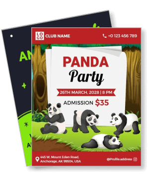 panda themed party invitation with event details and cute panda illustrations template