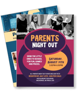 parents night out event flyer with date time location and childcare details template