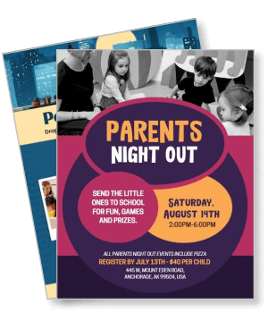 parents night out event with date time location and childcare details template