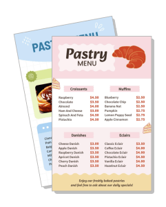 pastry shop menu design with prices and pastry icons template