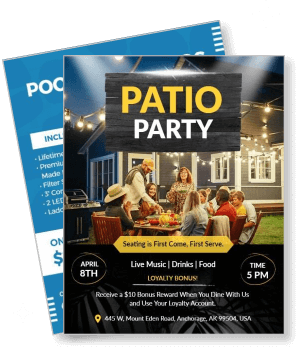 patio party invitation flyer with live music and food details template