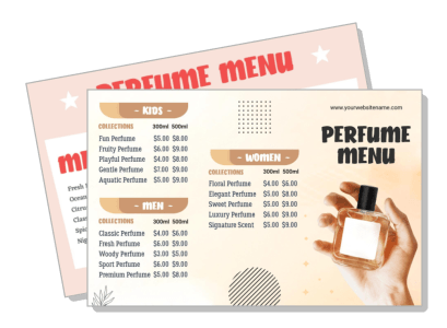 perfume menu design for kids men women with pricing and hand holding bottle template