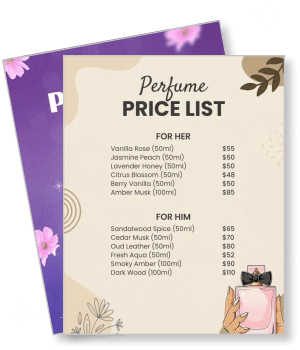 perfume price list for her and him with floral design template