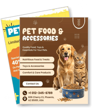 pet food accessories flyer with dog and cat promotional offer template