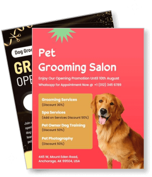 pet grooming salon opening promotion services flyer with golden retriever template