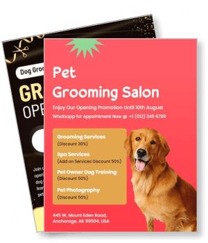pet grooming salon opening promotion services with golden retriever template