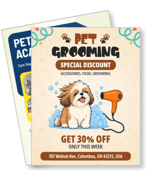 pet grooming special discount flyer with cute dog and hair dryer template