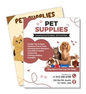 pet supplies store flyer with cat dog products and contact information template