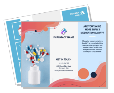 pharmacy promotional flyer with medication capsules and contact information template