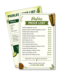 pickle shop price list menu with contact information template