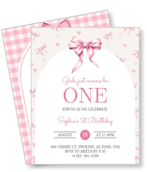 pink girls first birthday invitation with ribbon bow design template