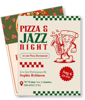 pizza jazz night event with saxophone character and restaurant details template