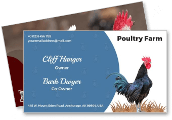 poultry farm business card design with rooster and contact details template