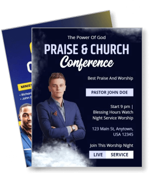 praise and church conference event flyer with pastor details and service time template