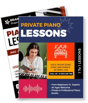 private piano lessons flyer with contact info and graphics template