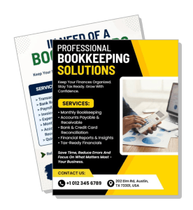 professional bookkeeping solutions flyer with contact information template