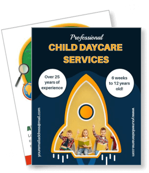 professional child daycare services poster with rocket and kids template