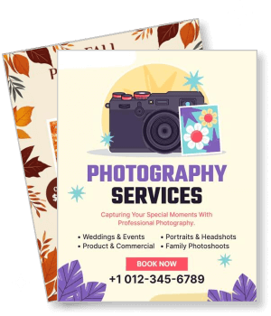 professional photography services card with camera illustrations and contact template