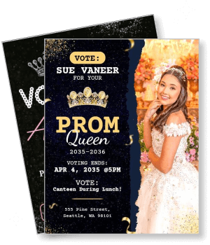 prom queen election vote poster sue vaneer 2035 2036 campaign poster template