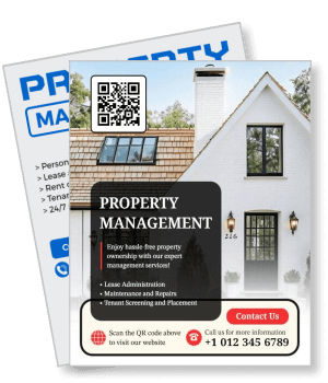 property management services advertisement with contact details and qr code template