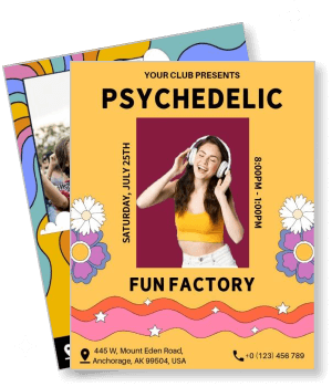 psychedelic fun factory event with dancing woman and contact information template