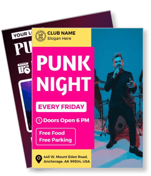 punk night friday event poster with live band music free food parking template