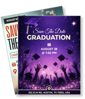 purple graduation save the date invitation banner with hands and caps in air template