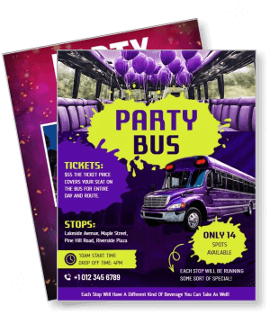 purple party bus promotional flyer with event details and contact info template