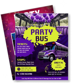 purple party bus promotional with event details and contact info template