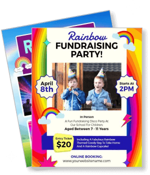 rainbow fundraising party for children with event details and rainbow theme template