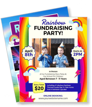 rainbow fundraising party poster for children with event details and rainbow theme template