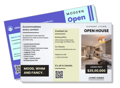 real estate open house marketing flyer design with pricing and contact details template