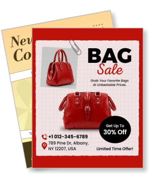 red handbag sale promotion flyer with discount offer and store details template