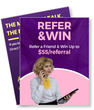 refer and win promotion with woman on phone offering referral rewards template