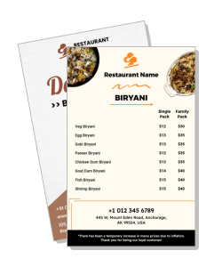 restaurant biryani menu with pricing options and contact information template
