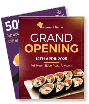 restaurant grand opening invitation sushi theme promo april 2025 template